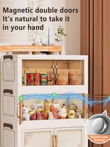 可折叠多层收纳箱卧室衣服双门储物柜，奶油色，适用于客厅书籍和零食