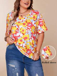 Plus Size Women's Yellow Floral Print Round Neck Casual Vacation Short Sleeve Pullover Top, Summer