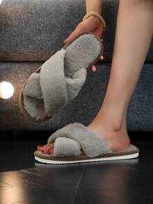 女士毛绒交叉拖鞋，柔软温暖的毛绒室内/室外拖鞋，蓬松露趾舒适家居鞋，粉色 - 紫紅色 - 查看 5