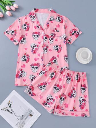 2pcs/Set Floral & Skull Allover Print Women Comfy Short Sleeve Cardigan Top And Drawstring Shorts Loungewear Set, Summer Pajamas