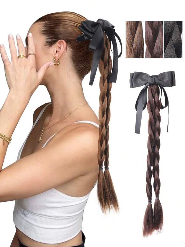 Extensión de coleta trenzada de cabello sintético negro marrón con lazo negro estilo coreano dulce y fresco de 1 pieza de 18 pulgadas para uso diario