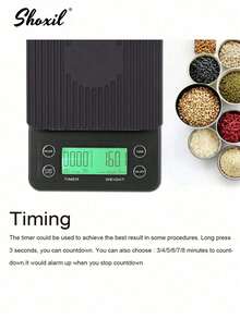 shoxil 1 件带计时器的咖啡秤，LCD 背光显示屏，高精度厨房食品秤，带去皮功能，最大负载 6.6LB/3KG，0.1g 精度传感器（不含电池） - 電子秤 - 查看 4
