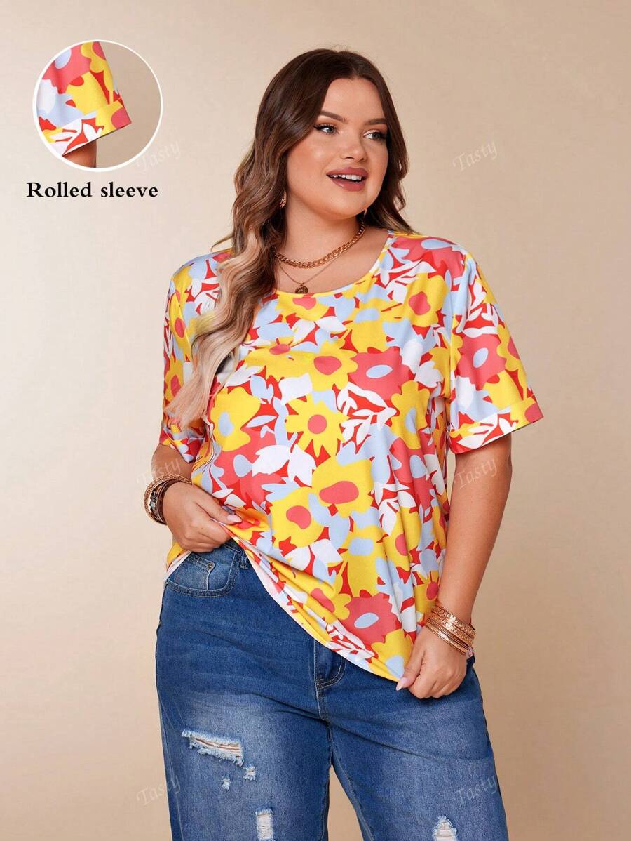 Plus Size Women's Yellow Floral Print Round Neck Casual Vacation Short Sleeve Pullover Top, Summer