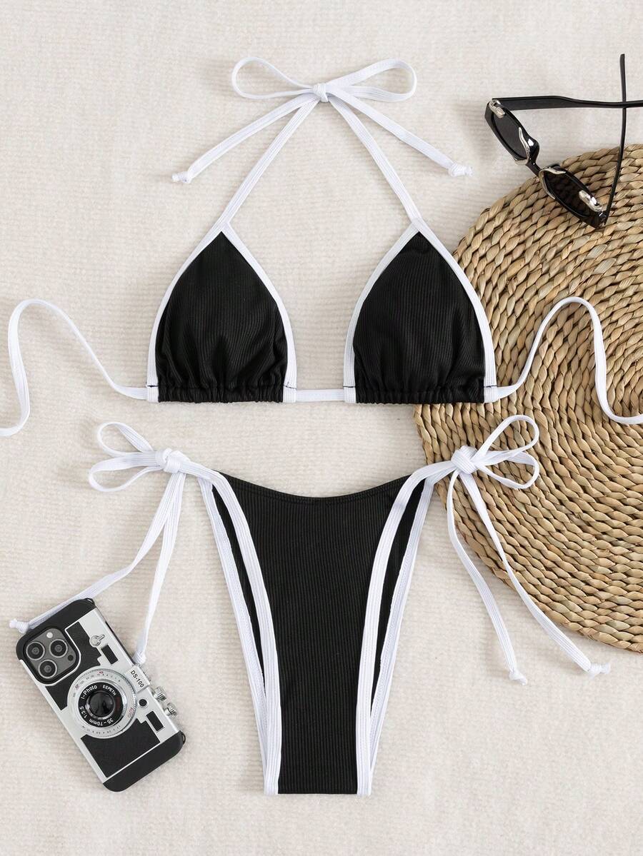 女士春假拼色性感系带比基尼泳装套装，度假沙滩装 - 黑與白 - 查看 1