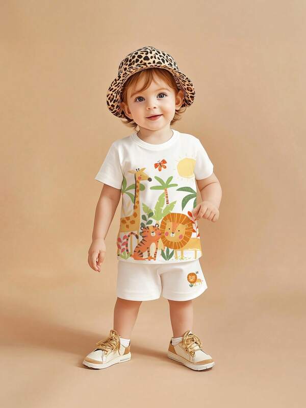 2 Piece Baby Summer Outfit, Cute Cartoon Animal Print Short Sleeve T-Shirt And Shorts Set For Baby Girls, Toddler Boys Short Sleeve Top And Shorts Sports Suit, Baby Active Outdoor Wear