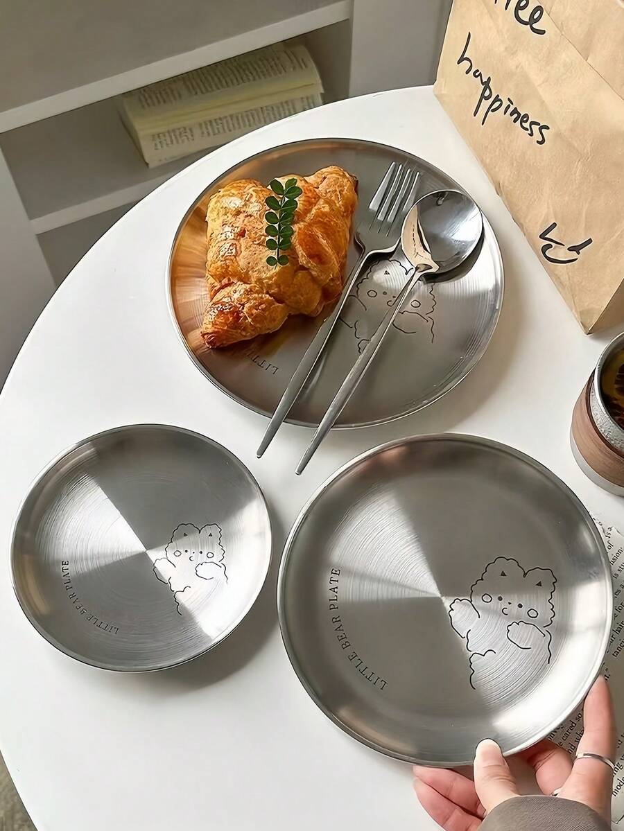 1pc Stainless Steel Round Plate, Refined Dessert Plate For Afternoon Tea, High-Quality Cake/Pastry/Sweet Dish, Minimalist Unique Design For Barbecue