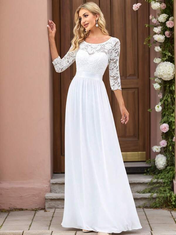 EVERPRETTY Rochie de seară elegantă, cu mâneci medii, din dantelă, cu plasă contrastantă, talie înaltă, maxi, pentru petrecerea burlacilor, rochie formală pentru petrecerea burlacilor, rochie de mireasă pentru mireasă, rochie albă de logodnă