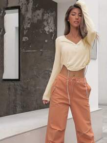 Solid Color V-Neck Long Sleeve Tie Front Fashionable T-Shirt