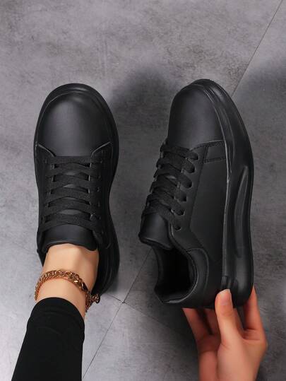 Zapatillas deportivas casuales de mujer de unicolor con suela gruesa de cuero de PU con cordones, zapatillas deportivas para todas las estaciones