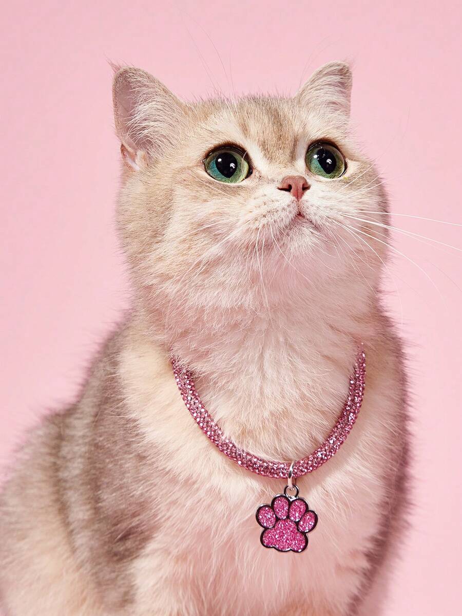 PETSIN 1pc Pink Rhinestone & Silver-Tone Paw Print Pendant Necklace Suitable For Cats And Dogs, Four Seasons Available - Pink - View 1