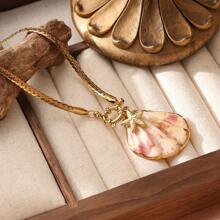 1pc Stainless Steel 18K Plated Pearl Shell Pendant Necklace For Women, Fashionable Ocean Style Suitable For Beach Party, Dates