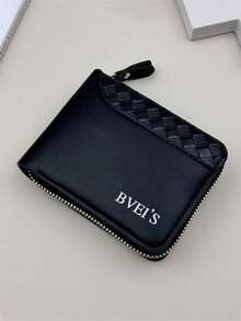 1pc Men's PU Leather Short Wallet, Fashionable Checkered Soft Wallet, Horizontal Zipper Wallet, 2 Fold Coin Wallet, Woven Pattern Splicing Wallet, Large Capacity Multi Card Slot, Can Store Large Banknotes, ID Photo Slot, Letter Decoration, Simple Coin Pocket, Credit Card Bank Card ID Photo Slot, Business Leisure Style, Ideal Gift For Men's Birthday Or Companion, Suitable For Male And Female Young Students Fashion Style Daily Life - View 2