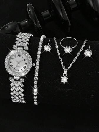 6 st/set lyxig strass rund romersk urtavla kvarts klocka set med armband, halsband, ring, örhängen
