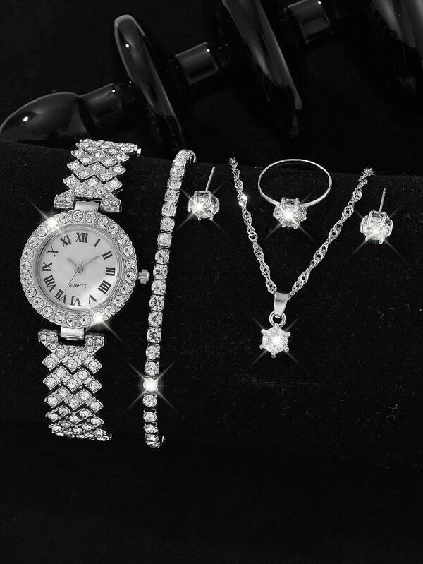 6pcs/Set Luxury Rhinestone Round Roman Dial Quartz Watch Set With Bracelet, Necklace, Ring, Earrings