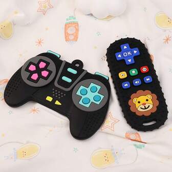 2 piezas de juguetes de dentición con forma de control remoto de TV de silicona con dibujos animados, que activan la curiosidad del bebé, mejoran el desarrollo sensorial y las habilidades motoras orales, regalo perfecto para bebés de 6 a 12 meses