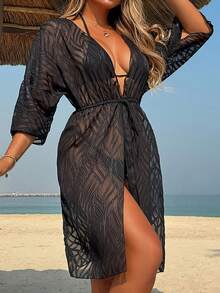 Damski jednokolorowy żakardowy narzutka plażowa z odkrytymi ramionami i długim rękawem, z wiązaniem w talii