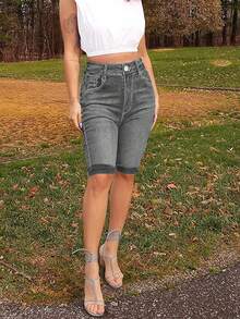 Jeans ajustados de ciclismo de verano casuales con bolsillos y lavado para mujer - Gris Claro - Ver 6