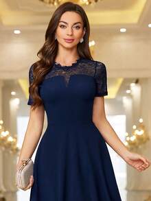 MIUSOL Contrast Lace Sleeve Prom Party A-Line Dress