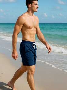 MEN'S SHORTS Solid Tropical Print - Navy Blue - View 2