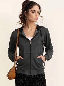 Women's Plain Cold Weather Sweatshirt With Zipper Direct From Factory For Winter - 深灰色 - 查看 4