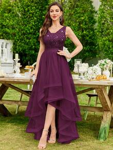 MIUSOL Elegant Women's Maroon Sequin Floral Lace V-Neck Sleeveless Mesh Swing Maxi Dress With Layered Ruffle High Low Hem, For Formal Wedding Guest, Prom, Graduation, Evening Party, Dinner - 紫紅色 - 查看 5