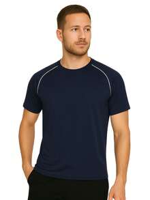 Men's Plain Black-White Dry Fit Shirt Contrast Colors Short Sleeve - Casual - Training - Gym - Sports - Exercises - Running-Party - 藏蓝色 - 查看 1