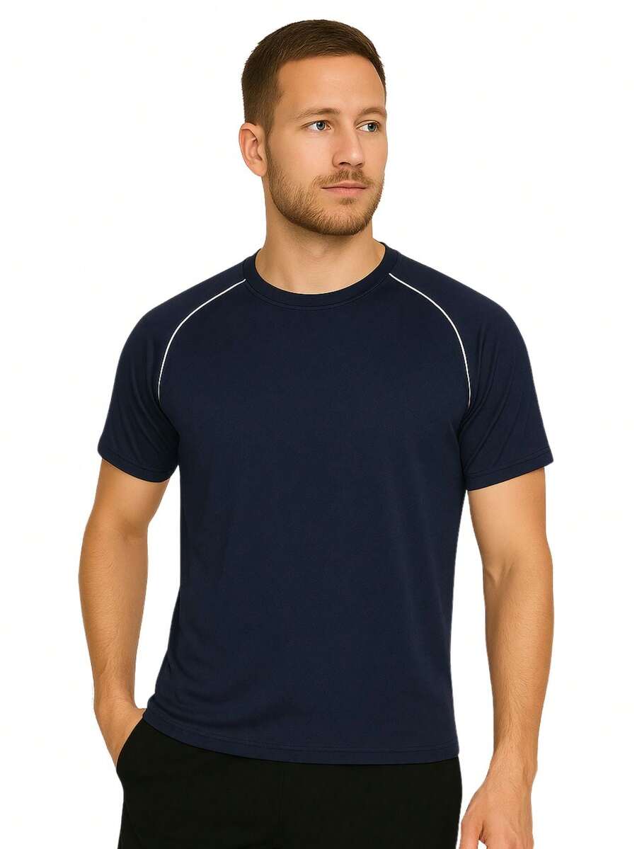 Men's Plain Black-White Dry Fit Shirt Contrast Colors Short Sleeve - Casual - Training - Gym - Sports - Exercises - Running-Party - 藏蓝色 - 查看 1