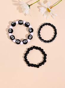 3pcs Gothic Goth Horror Blood Hand Skull Pumpkin Spider Print Wooden Bead Bracelet, Punk Style Elastic Wrist Strap, Unisex, Suitable For Halloween Party Holiday Gift