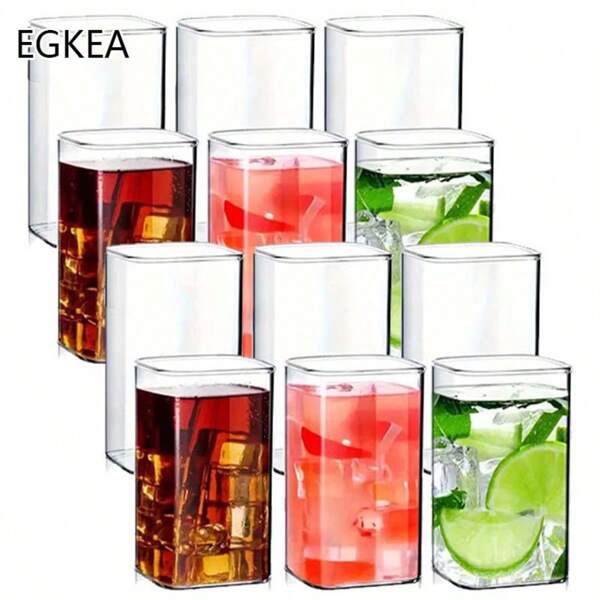 EGKEA Juego de 4/6/12 piezas - Vasos de bebida de poca capacidad, vasos de vidrio transparente cuadrados, elegantes vasos de agua de bar para jugo, cerveza, cóctel y bebidas mezcladas, vidrio sin plomo, cristalería, regalo exquisito