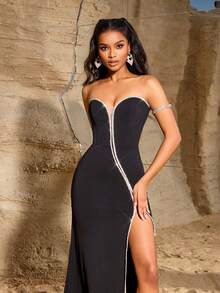 女士优雅针织拼布水钻饰边设计连衣裙，凸显轮廓，采用网眼拼接高开叉长款晚会礼服