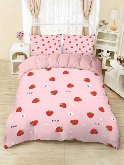 Conjunto de cama com tema de morango, 4 peças (1 capa de edredom + 1 lençol + 2 fronhas, excluindo edredom e fronhas), conjunto de cama com estampa de frutas macias, lavável à máquina, adequado para quarto de meninas, sala de estar, escola