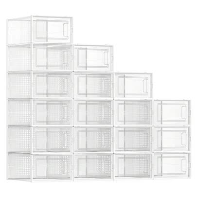 SONGMICS Boîtes à chaussures, Lot de 18, Rangement chaussures, pliable, pour pointure jusqu'à 46, Transparent et Blanc