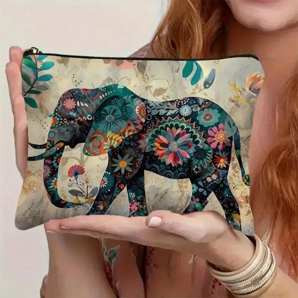 Bolsa de maquillaje de viaje con diseño de elefante - Organizador de artículos de tocador con cremallera, estuche para lápices, bolso de almacenamiento para mujeres - Regalo perfecto para amigas y maestras, compañero elegante y funcional