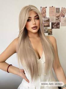 Forehead Lace 4*1, 1 Piece Synthetic Heat Resistant Straight Hair Without Bangs Blonde 28 Inch Full Weave Everyday Natural Realistic Wig