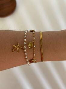 1 pieza Nuevo brazalete de acero inoxidable con colgante de estrella de mar, estilo playa de verano, joyería para mujer