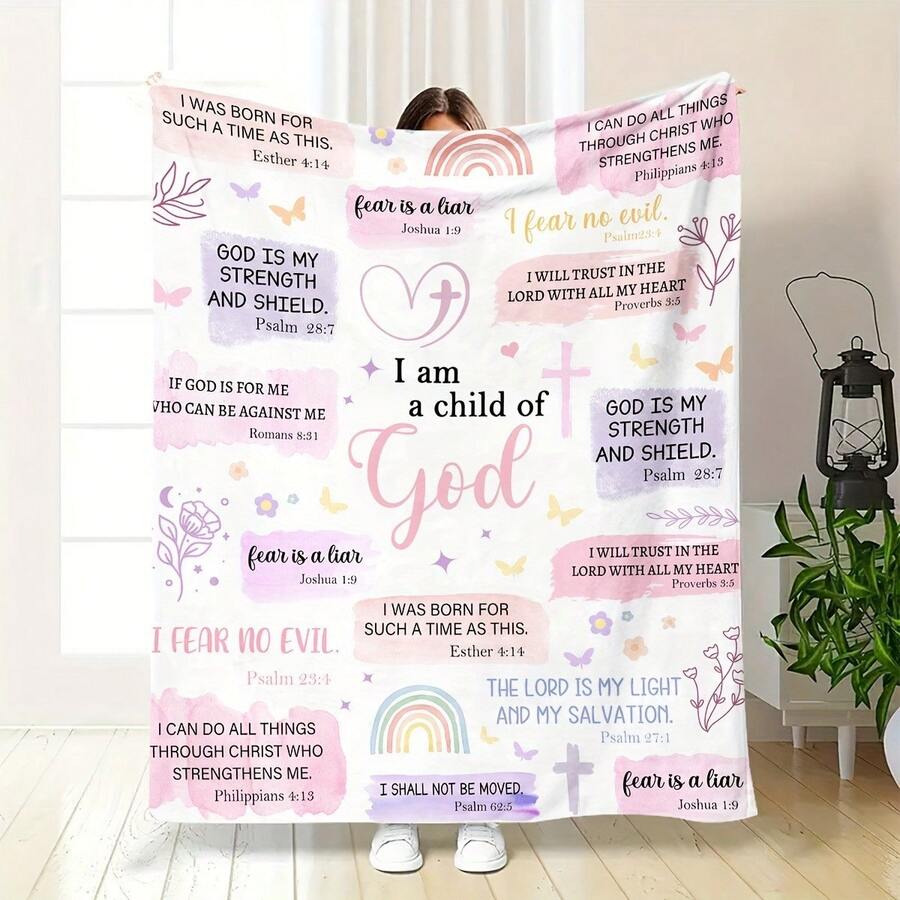 Christian Inspirational Scripture Print Flannel Throw Blanket - Contemporary Style, Machine Washable, All-Season Knitted Polyester Throw For Multipurpose Use, Ideal For Travel, Office, Home Decor, And Birthday Gift For Friends - Mixed Color - 彩色 - 查看 1