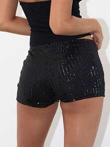 Women's Summer Low Rise Shorts Elastic Waistband Streetwear Sequins Hot Shorts - 黑色 - 查看 5