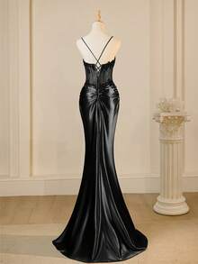 Elisanya Đầm dạ hội dự tiệc cocktail hở đùi sang trọng kết hợp ren và sequin sang trọng dây mảnh quyến rũ dành cho nữ - màu đen - Xem 6