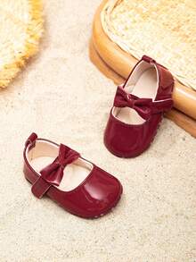 Infant Shoes With Hook And Loop & Bow Decor, Non-Slip Elegant Princess Flats For Toddlers - Red - View 2