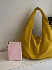 Bolso de tela con un solo hombro, de color liso, de gran capacidad, con múltiples bolsillos y compartimentos - Amarillo - Ver 4