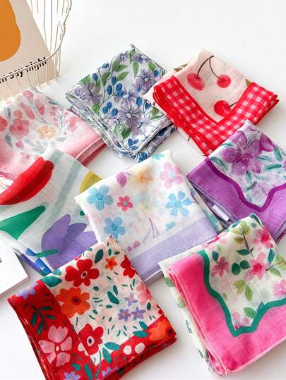 1pc Women's Boho Style Flower Printed Linen Scarf, Neckerchief, Bandana, Shawl, Versatile For Summer Beach