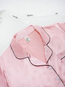 2pcs/Set Plus Size Women's Solid Color Icy Silk Satin Pajama Set, Spring/Summer High-End Luxurious Cool Silky Comfortable Sleepwear Outfit - Short Sleeve Lapel Top & Bow Shorts - Coral Pink - View 5