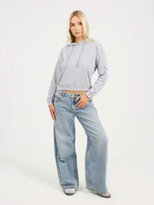 brave soul Cropped Sweatshirt With Hood, Grey - Grey - View 2