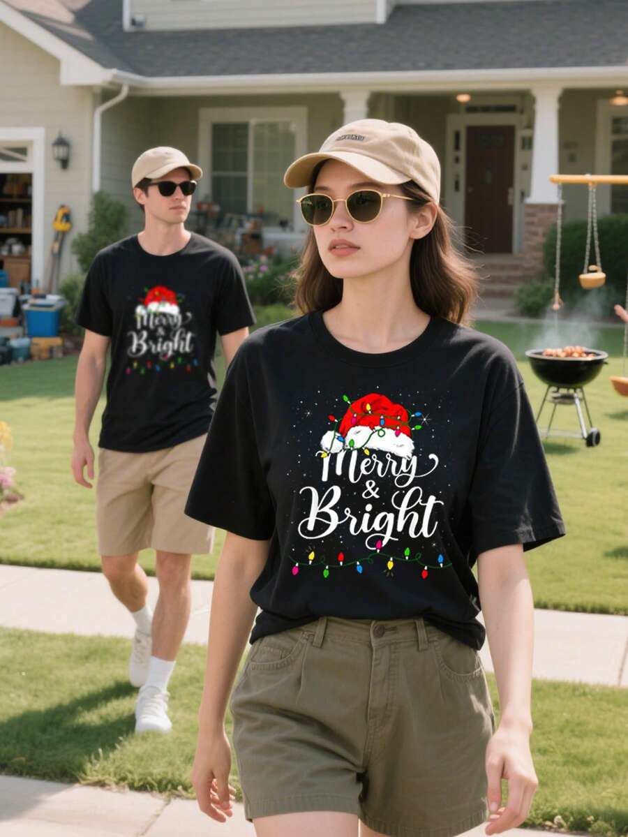 A Loose T-Shirt, Boutique Pattern, Black, White, Navy Blue, Apricot, Dark Gray Casual, Cute, Party, Elegant Sexy, 100% Cotton Casual T-Shirt, Short Sleeve Neutral T-Shirt, Beach, Date Night, Wedding, Sports, Office, Home, Baby Shower, Full Moon, Garden, Dinner, Photo Street.Merry And Bright Christmas Lights Santa Hat Xmas Pajama 2024 T-Shirt - Black - View 1