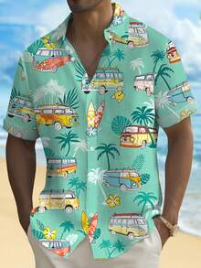 Hawaiianisches Kokosnussbaum- & Surfprint-Hemd mit Knöpfen und kurzen Ärmeln für Herren