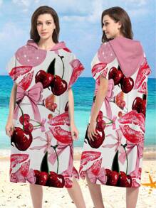 1 Peça Capa/Poncho com Capuz Estampa de Morango e Cereja - Super Macio em Microfibra com Estampa de Praia, Adequado como Presente para Homens, Mulheres, Casais - Decoração de Praia e Casa, Xale para Casais | Roupão de Microfibra, Adequado para Todas as Férias de Volta às Aulas