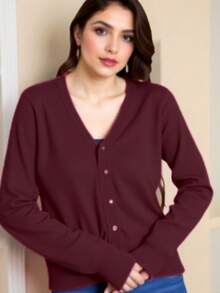 TRICOZHU COAT Cardigan Women's Cardigan Knitted Sweater Cold Weather Buttons Women's Winter Cardigan PLAIN - 酒紅色 - 查看 2