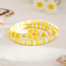 1 Set Of 2 Bohemian Style Handmade Polymer Clay Bead & Resin Flower Elastic Bracelets, Summer Beach Dopamine Gradient Floral Layered Bracelets For Women, Suitable For Daily Wear And Vacation
