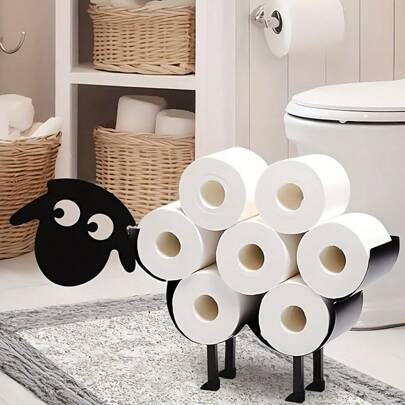 1pc Adorable Sheep-Shaped Toilet Paper Holder, Wall Mounted Or Freestanding, Decorative Black And White Iron Roll Organizer For Bathroom And Kitchen Bathroom Accessories Back To School Storage