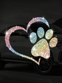 1pc Dog Palm Print Heart Shaped Design Innovative Imitation Diamond Sticker Shiny Cute Car Stickers Car Styling Cartoon Stickers For Car Motorcycle